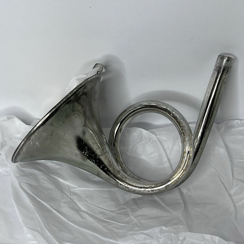 Mercury Style  Glass German Horn Silver  Christmas Ornament